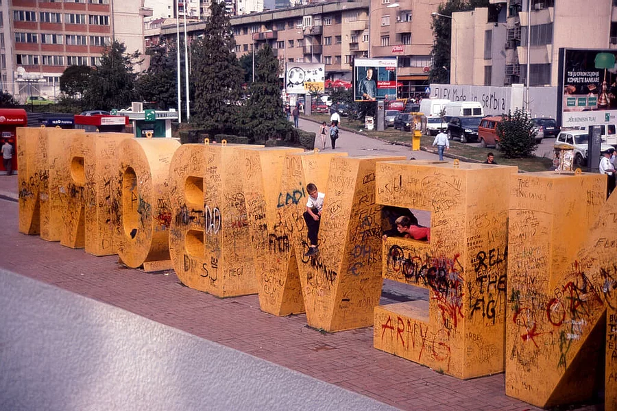 This is the Newborn Monument in Pristina, Kosovo, which symbolises the country’s independence. The monument consists of large, yellow letters, which are repainted or spray-painted every year.
