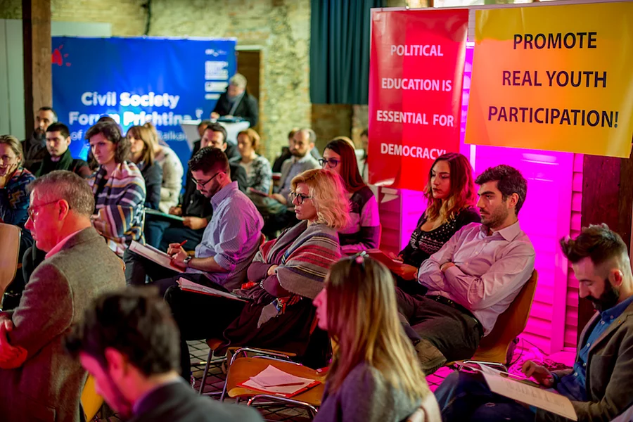 This photo shows the Civil Society Forum in Pristina, an event focused on promoting political education and youth participation.